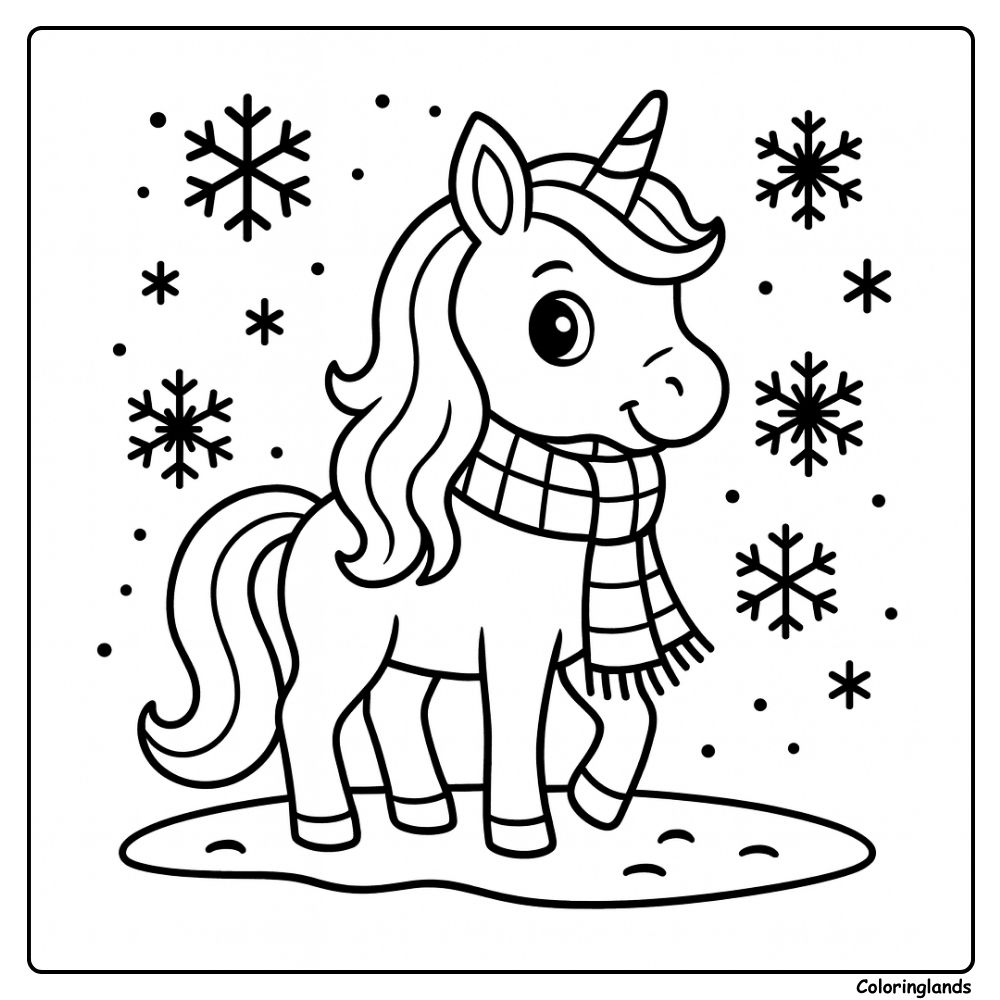 Unicórnio para colorir fácil em um dia de neve