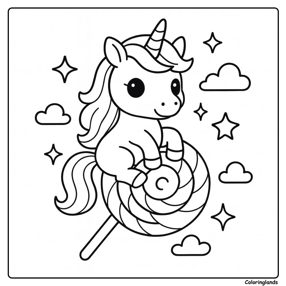 Unicórnio para colorir fácil em um céu de doces e estrelas