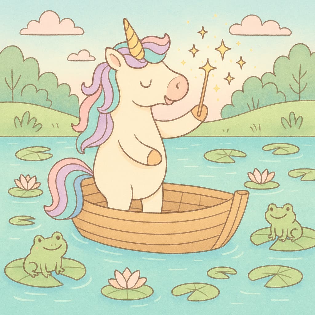 Unicórnio mágico no lago em um pequeno barco
