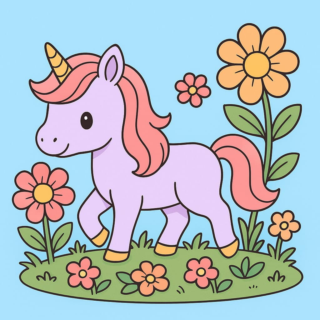 Desenho fácil de unicórnio entre margaridas e folhas, cena de primavera divertida.