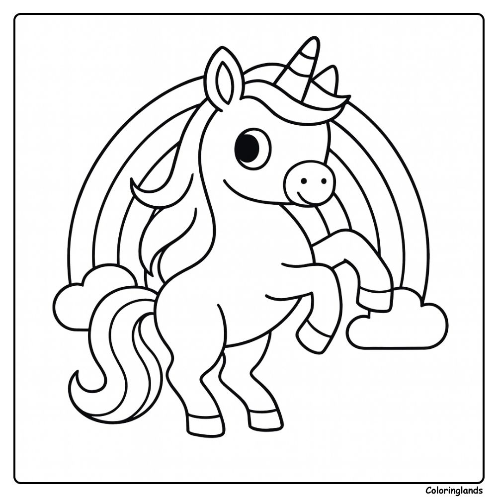 Unicórnio para colorir fácil com arco-íris e nuvens