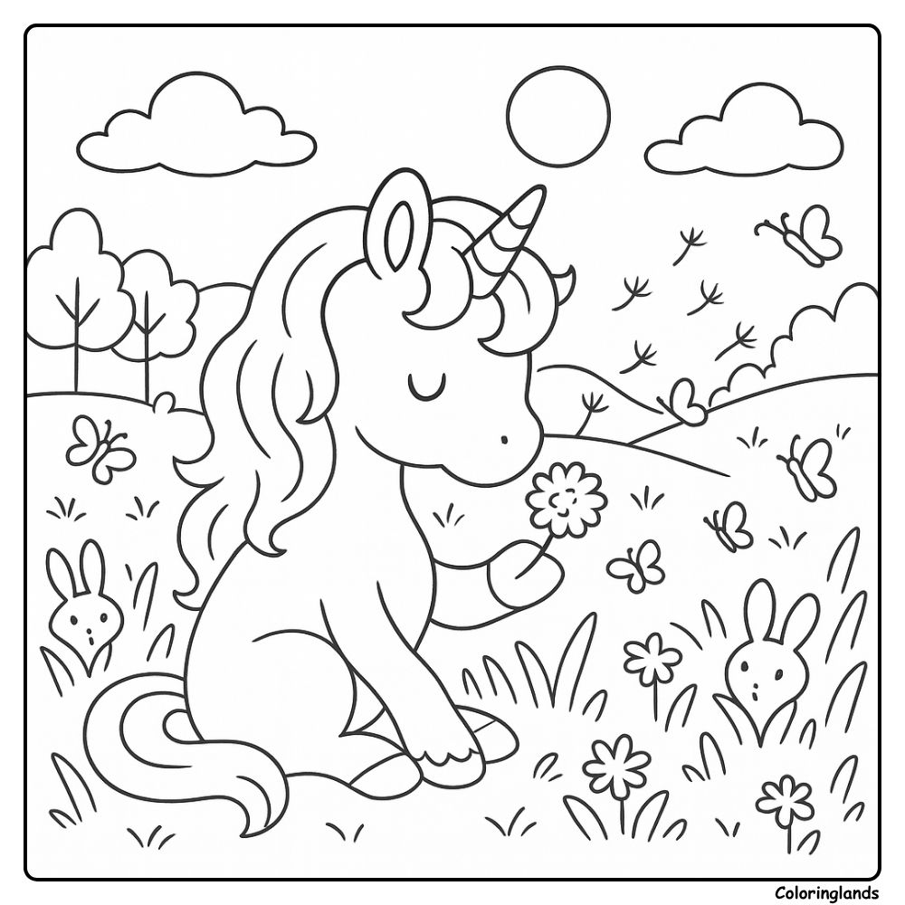 Páginas para colorir de unicórnio fáceis e fofas em um prado arejado