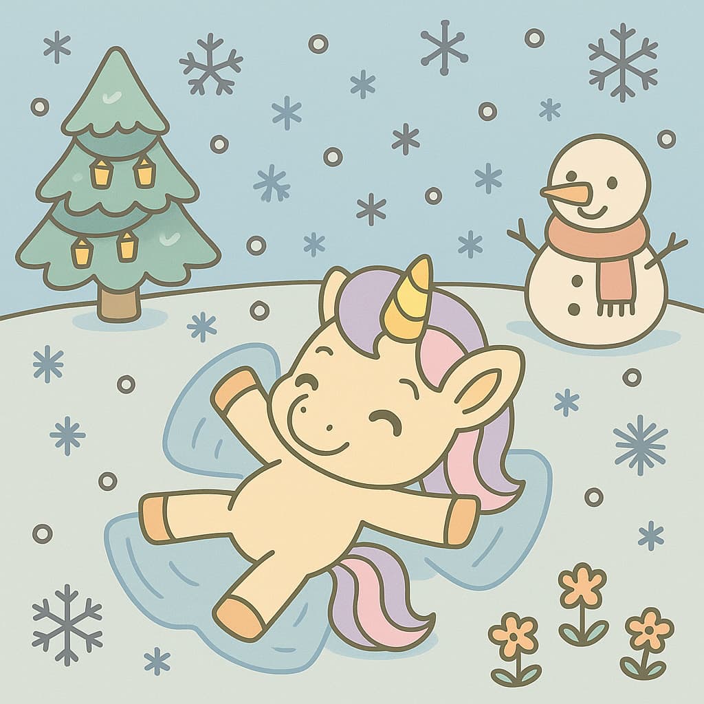 Unicórnio com flocos de neve, árvore e boneco de neve