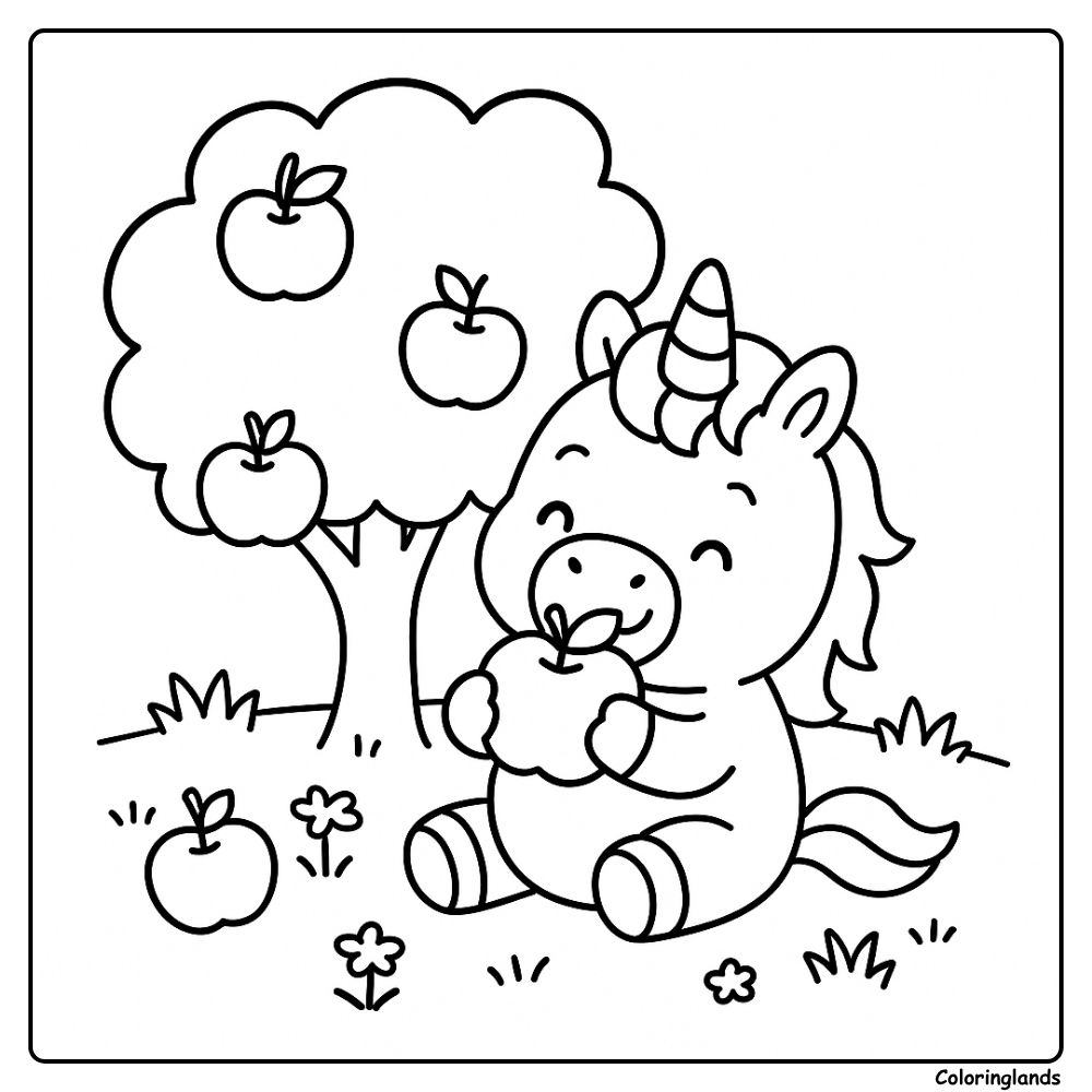 Páginas para colorir de unicórnio fáceis para crianças, curtindo maçãs na sombra