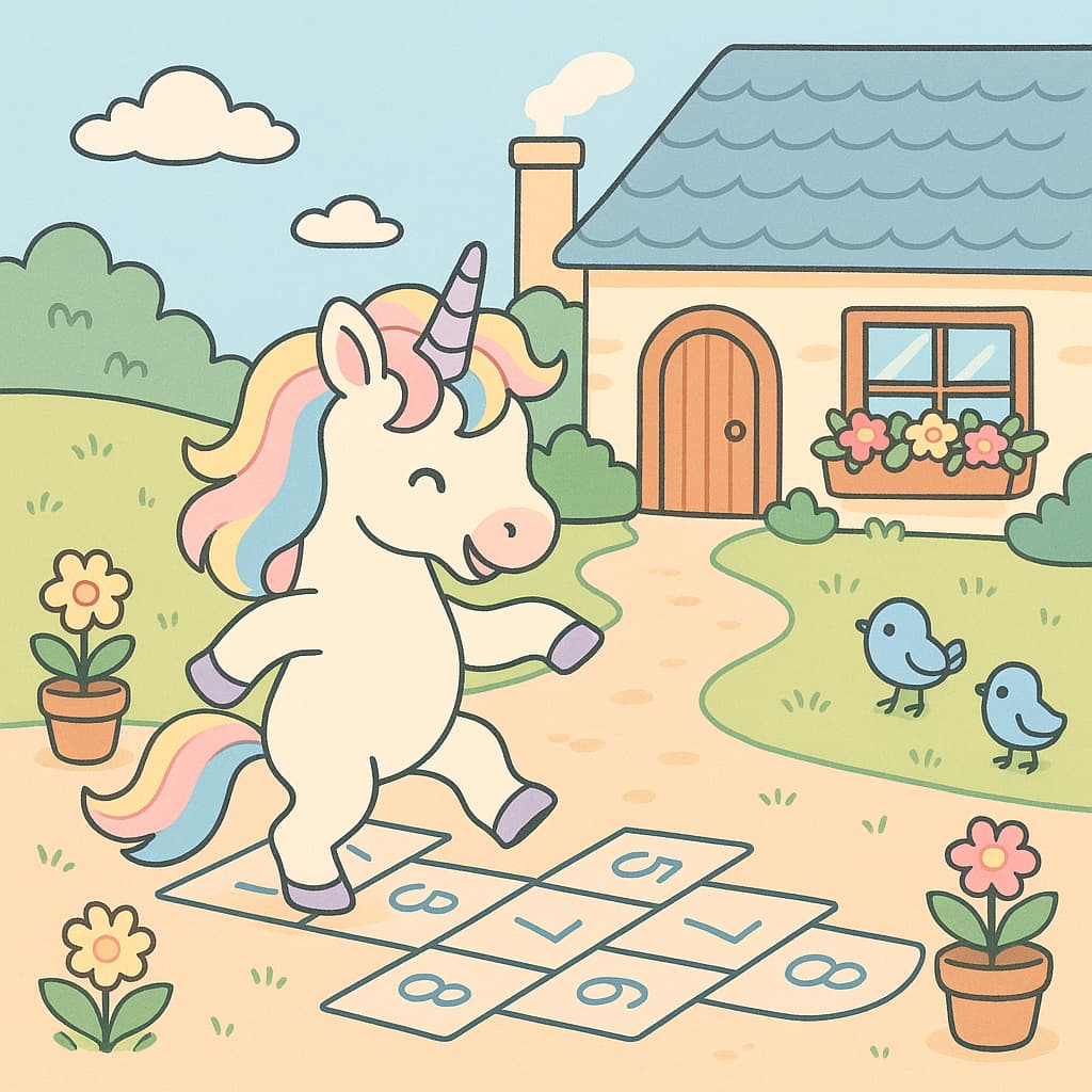 Unicórnio brincando no quintal, pulando alegremente.