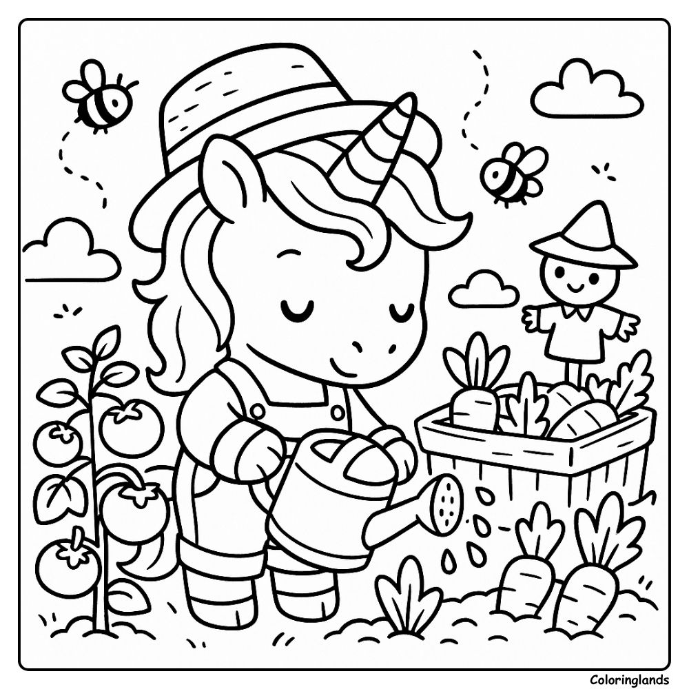Desenhos para colorir infantil de unicórnio regando plantas