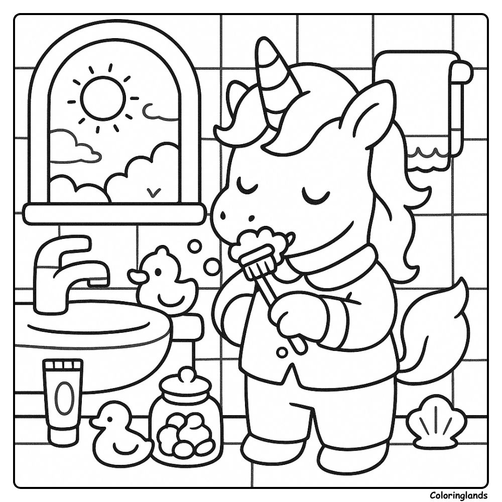 Desenhos para colorir infantil de unicórnio na janela ensolarada com bolhas