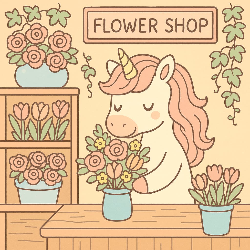 Unicórnio na loja de flores para crianças desenhando tulipas