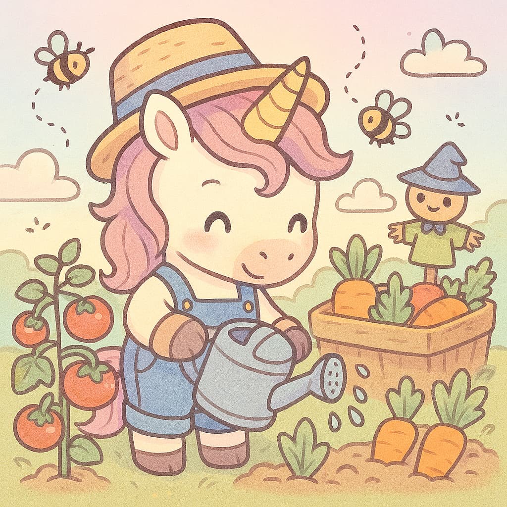 Desenho de unicórnio regando cenouras no jardim