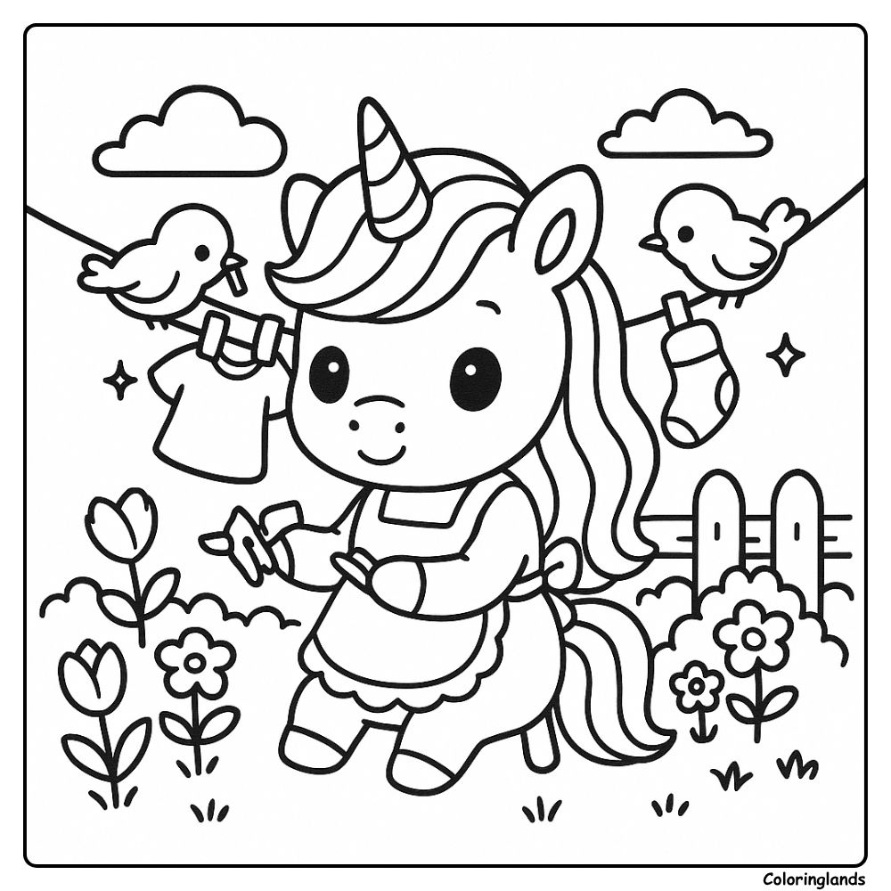 Desenhos para colorir infantil unicórnio no quintal com roupas.