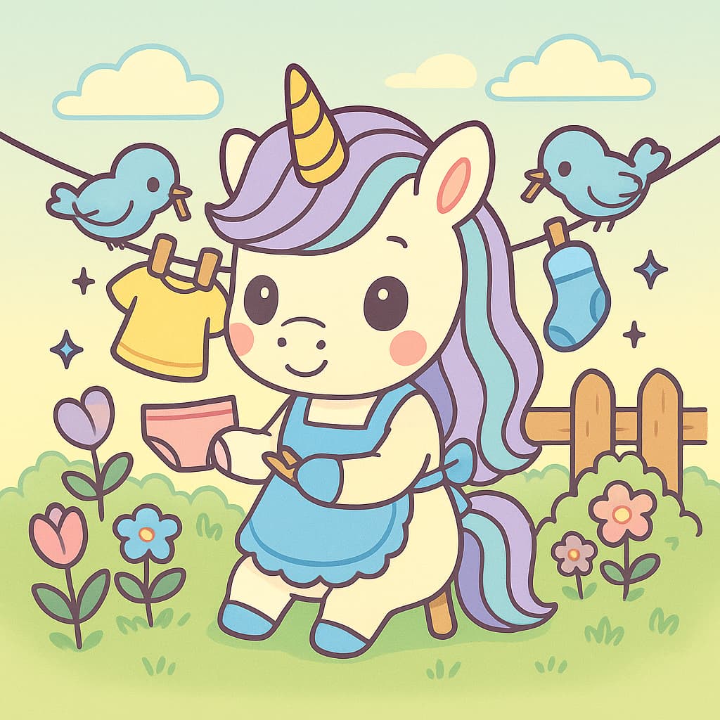 Unicórnio ajudando no quintal com passarinhos cantores