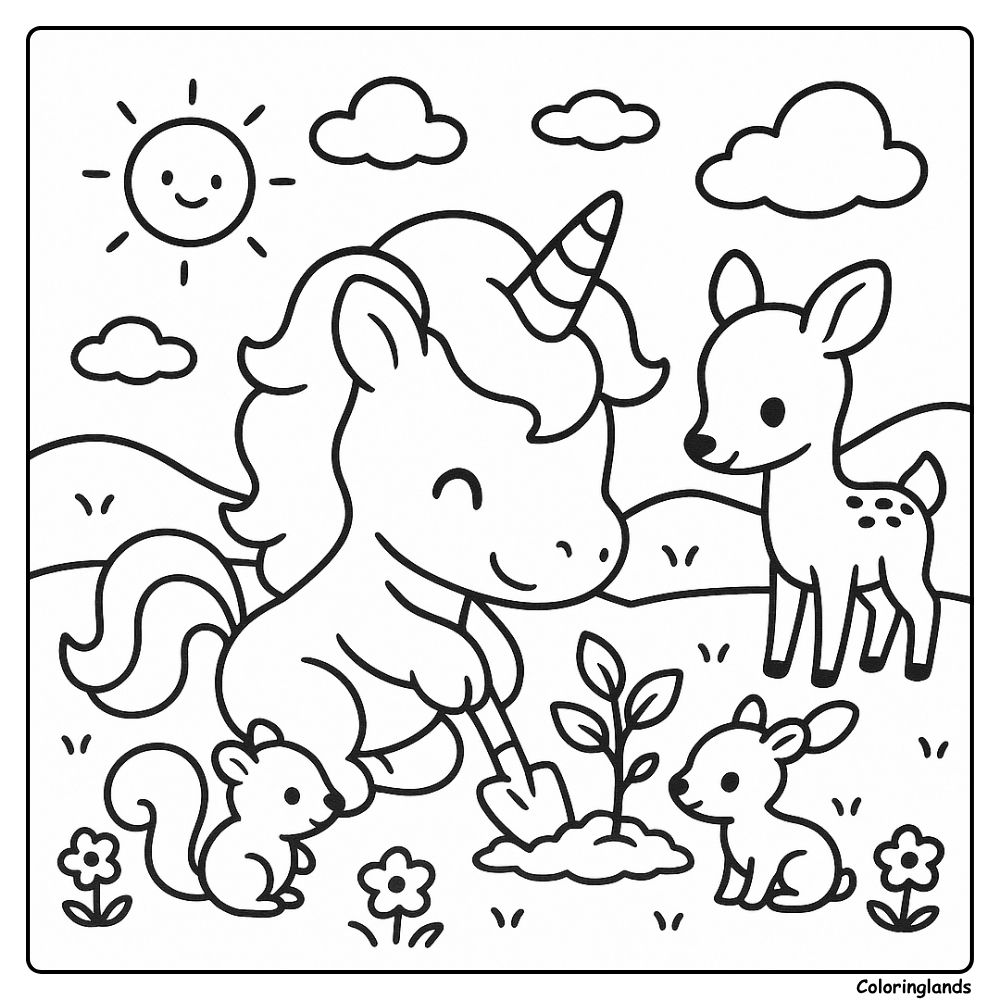 Desenhos para colorir infantil unicórnio com amigos da floresta
