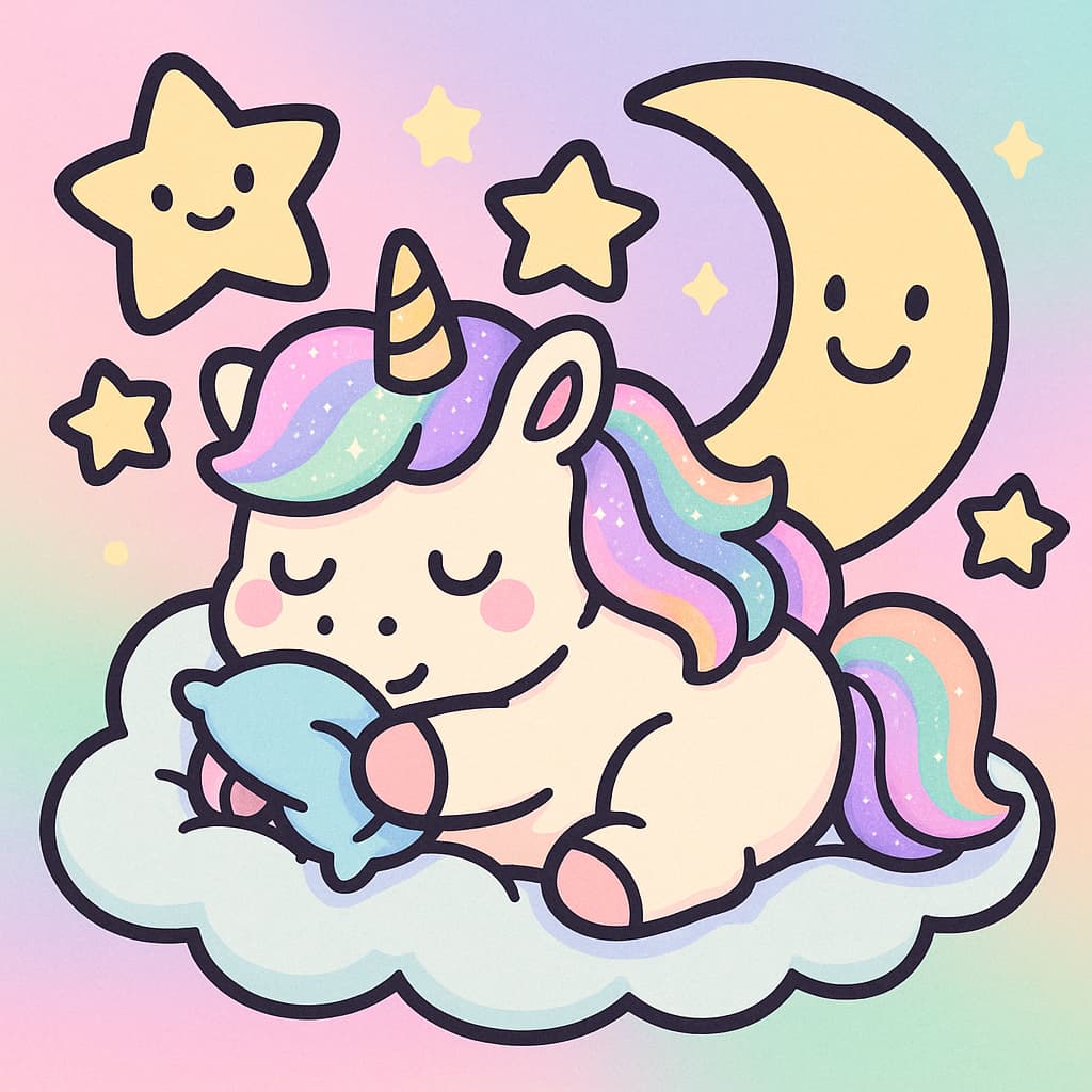 Desenho de unicórnio bebê adormecido em nuvem