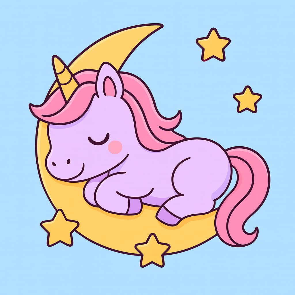 Desenho fácil de unicórnio adormecido em um céu noturno encantado
