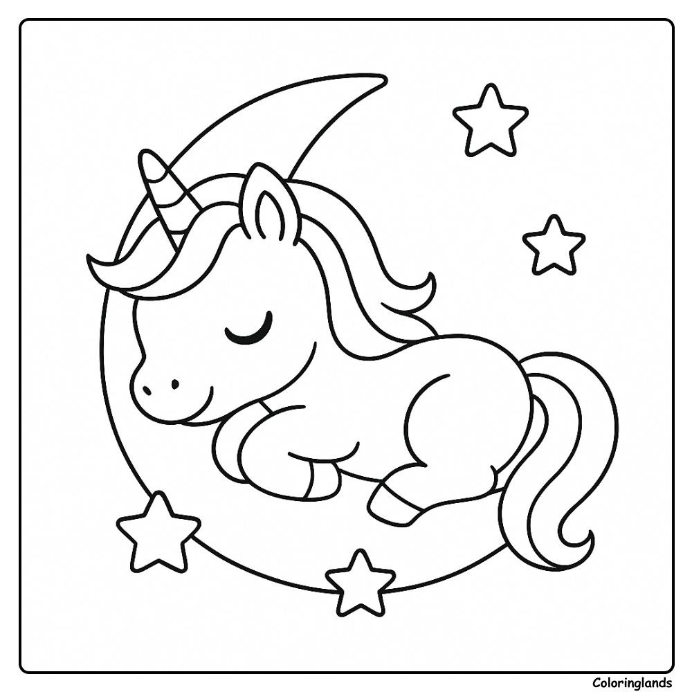 Céu noturno com unicórnio para colorir fácil, estrelas e silêncio