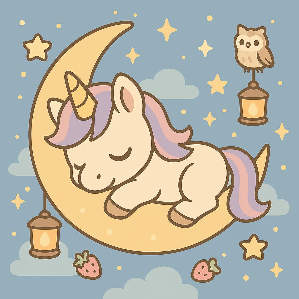 Unicórnio adormecido ao lado de lanternas e uma coruja sábia