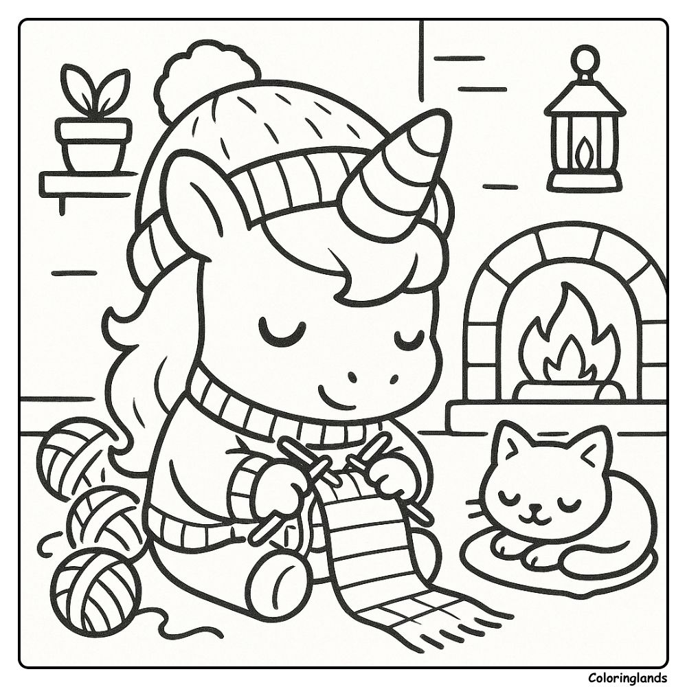 Desenhos para colorir infantil unicórnio com cachecol e gato sonolento