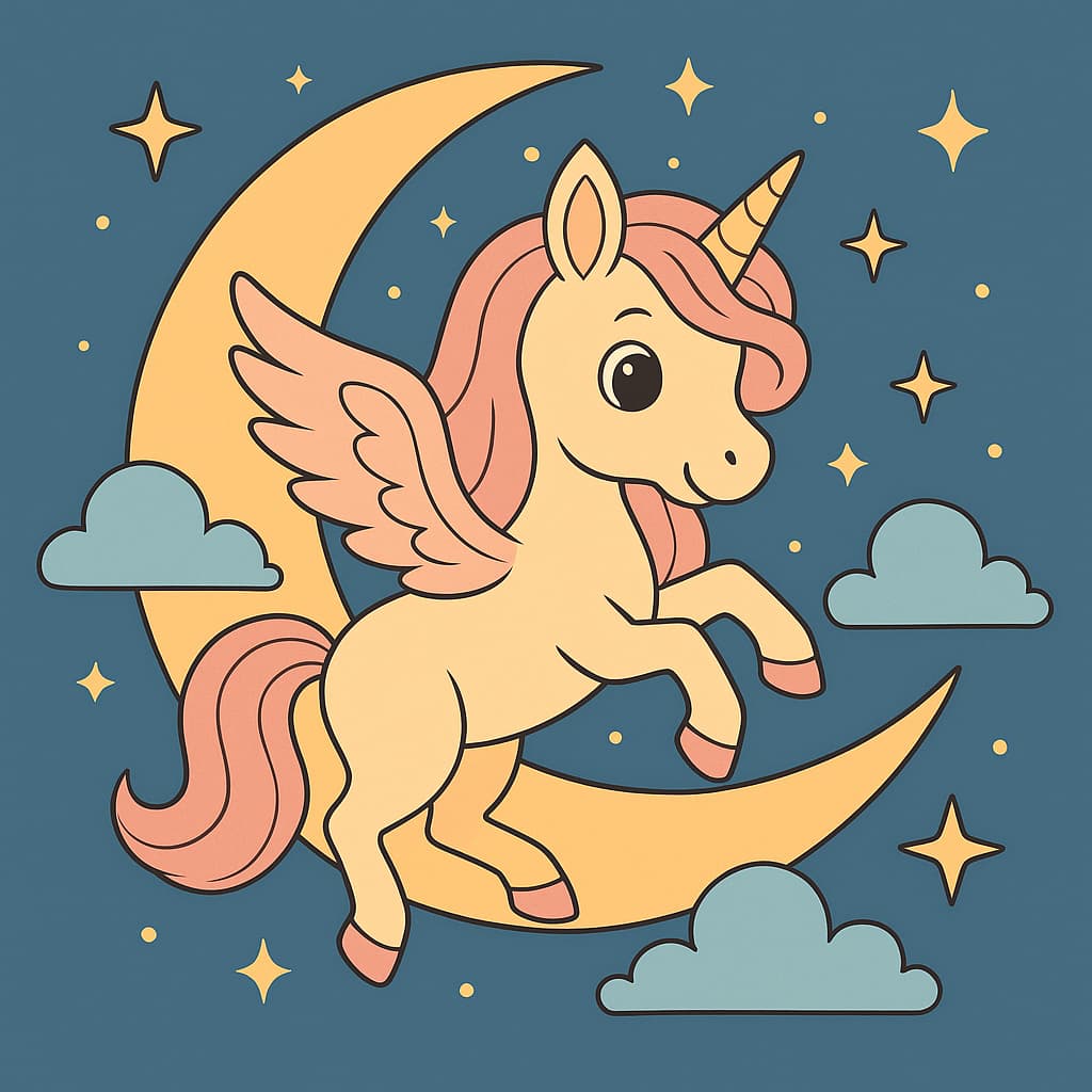 Desenho de unicórnio voador à noite com estrelas e lua curva
