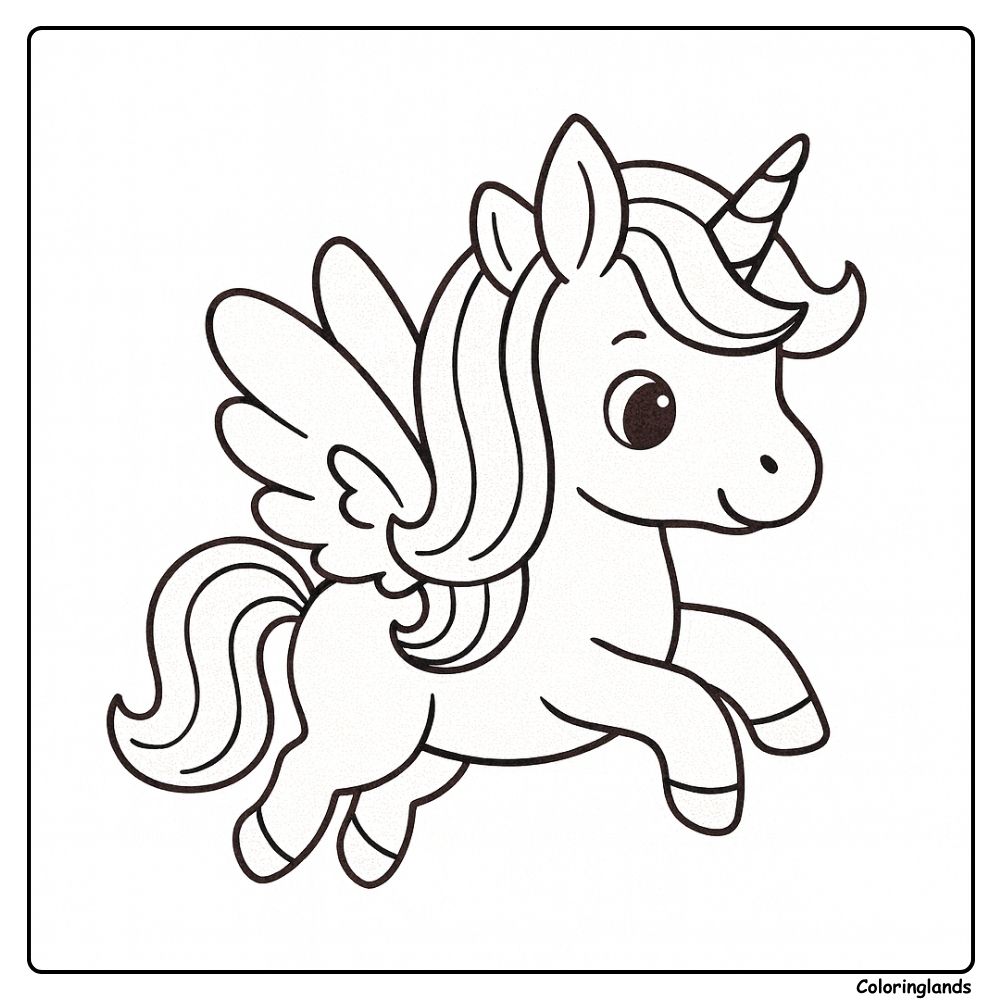 Unicórnio para colorir fácil com asas abertas no ar