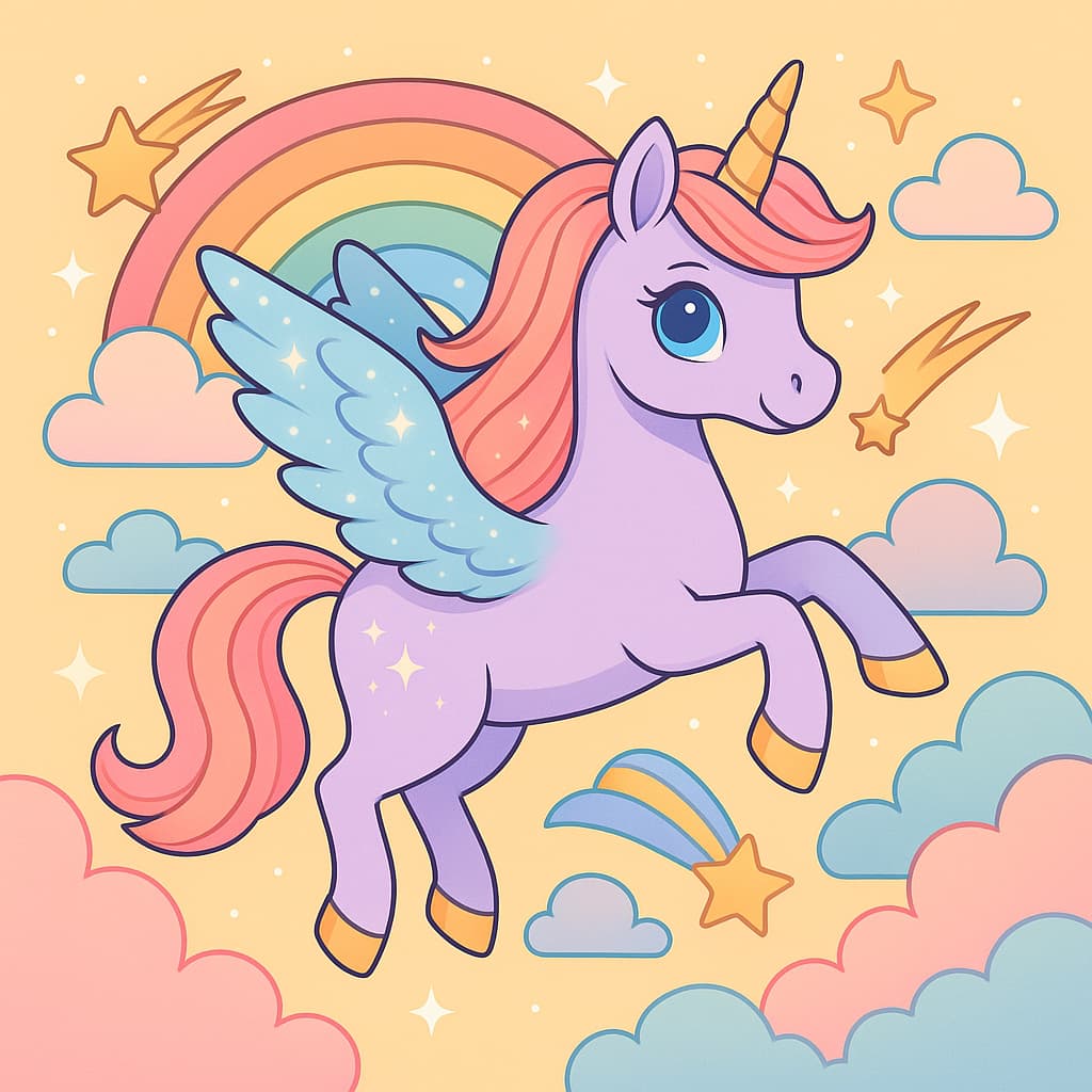 Desenho de unicórnio voador com arco-íris e estrelas cadentes