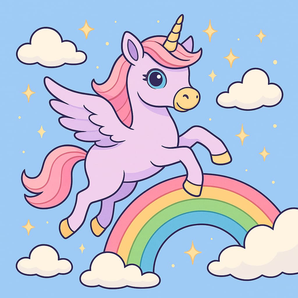 Desenho de unicórnio voador sobre nuvens fofas e arco-íris grande.
