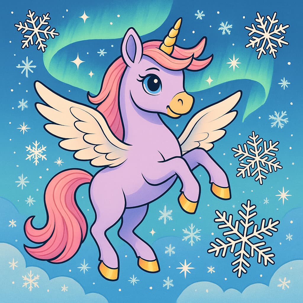 Desenho de unicórnio voador com flocos de neve e auroras