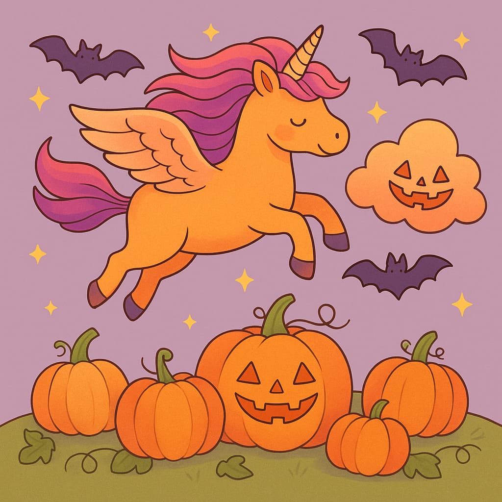 Desenho de unicórnio voando com abóboras e nuvem sorridente