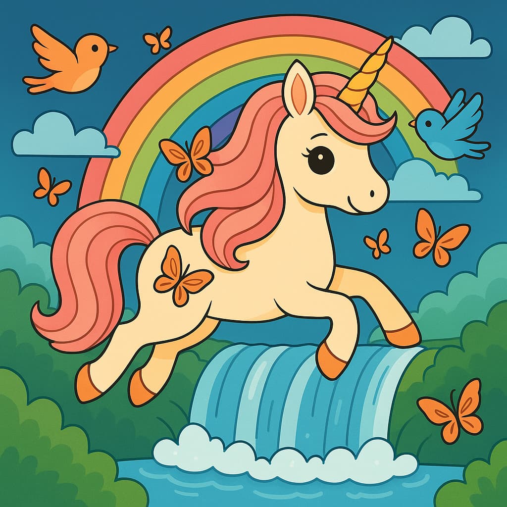 Unicórnio voando em um vale verde com arco-íris e pássaros