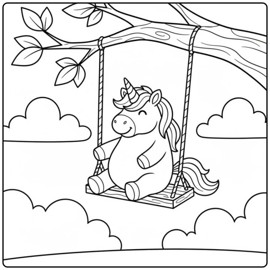 Ilustração divertida de unicornio para colorir e brincar no balanço!