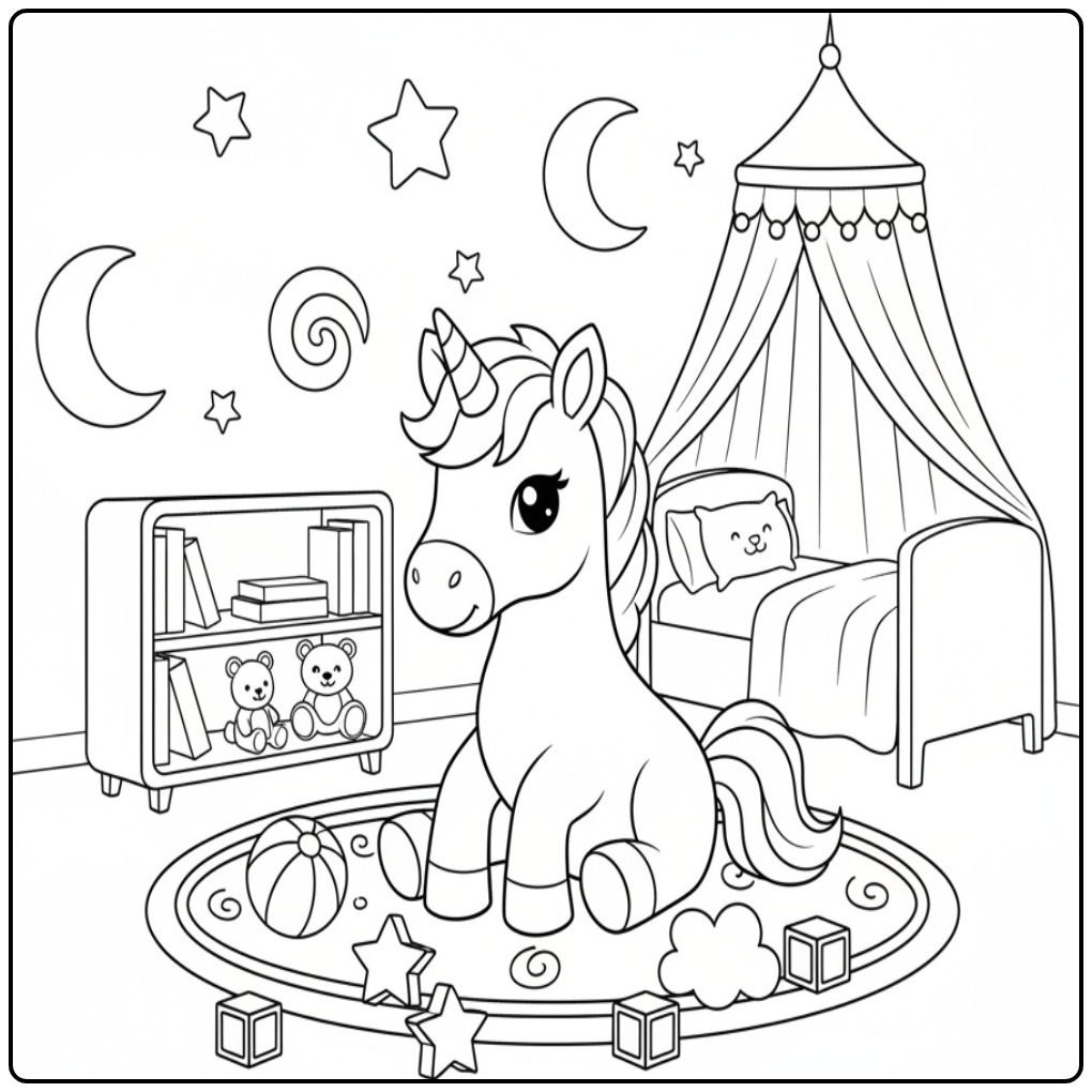 Desenho de um unicornio bebe para colorir super fofo e divertido!
