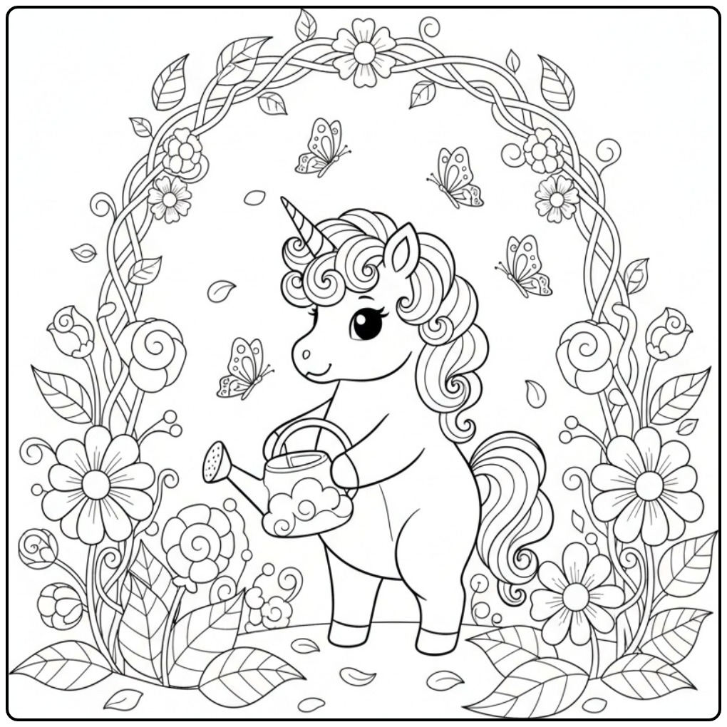 Desenho de unicornio bebe para colorir no jardim mágico!