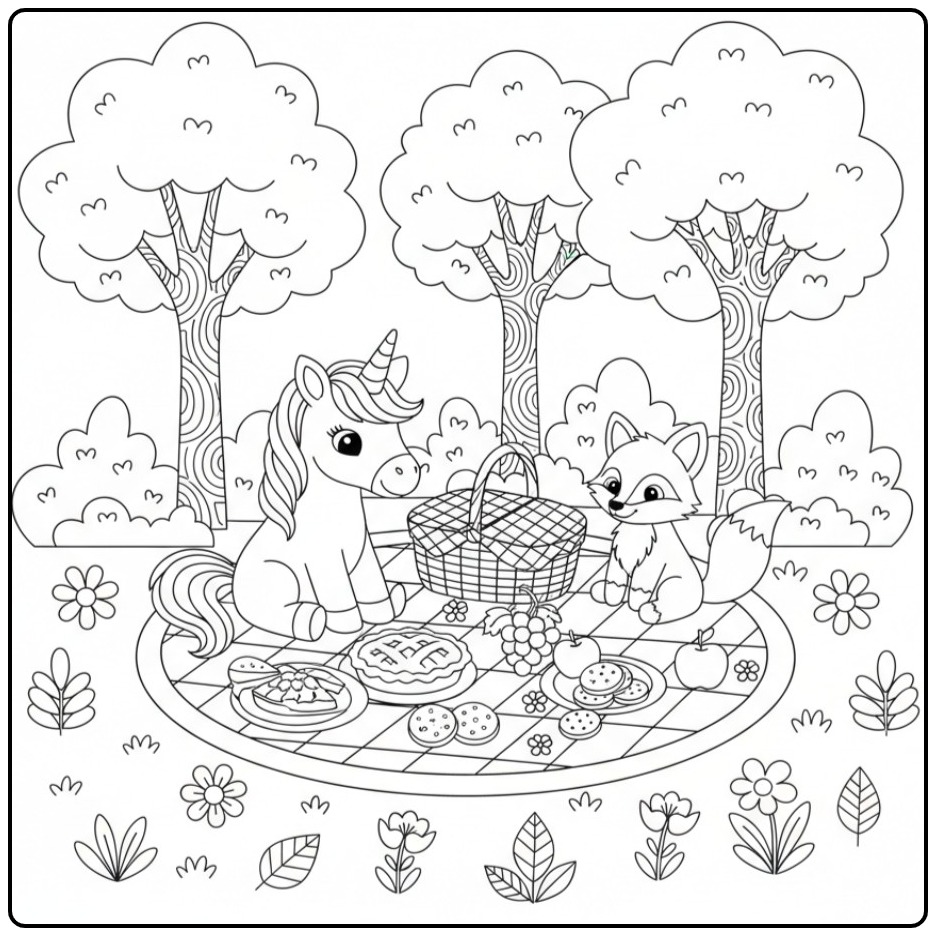 Desenho de unicornio bebe para colorir com raposa em piquenique.