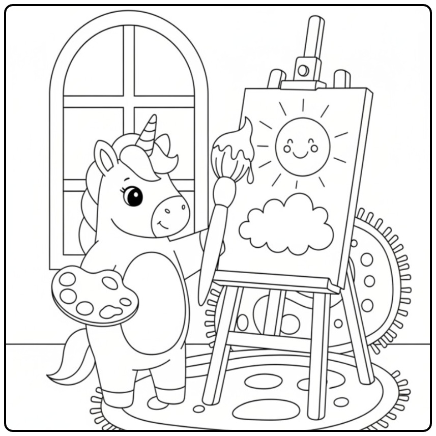 Um lindo unicornio bebe para colorir pintando o sol feliz!