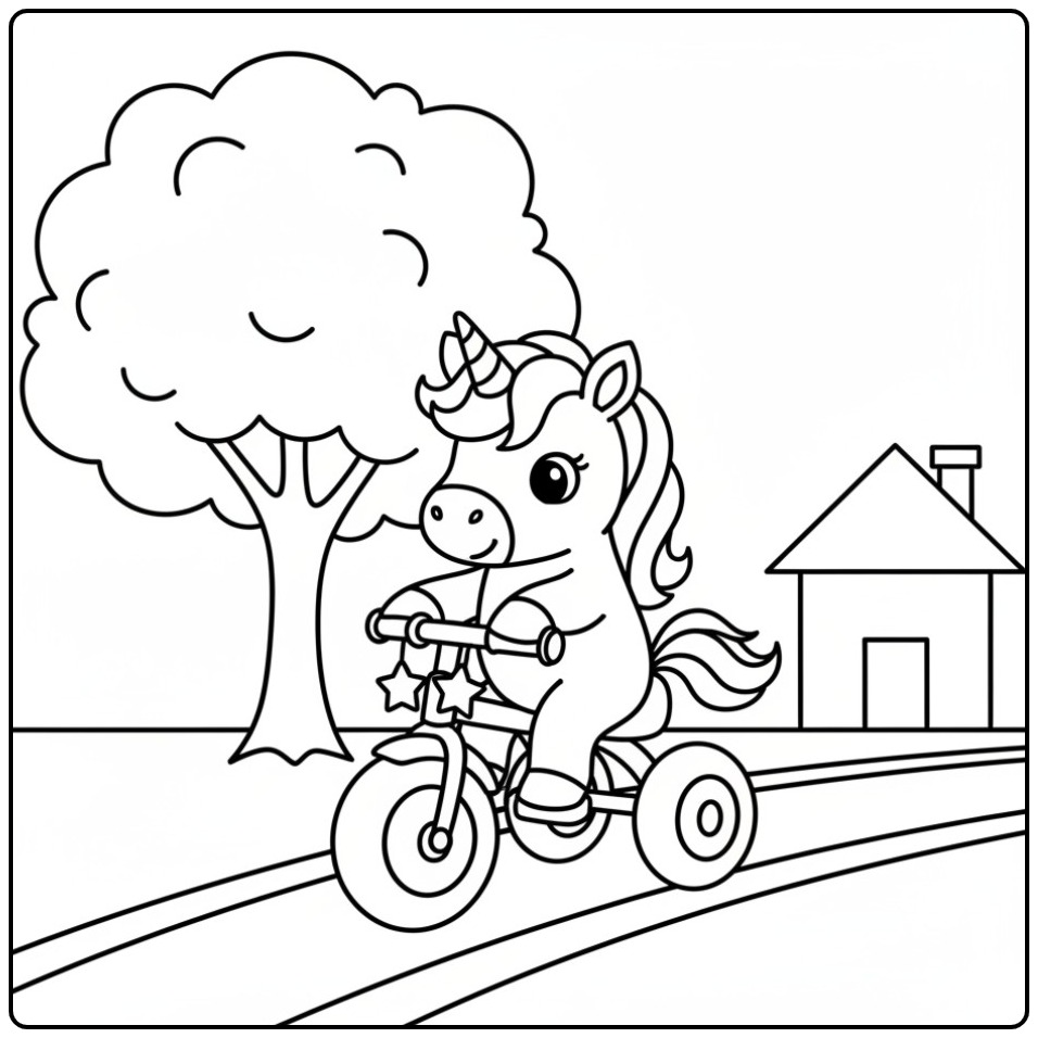 Desenho de unicornio bebe para colorir andando de triciclo feliz.