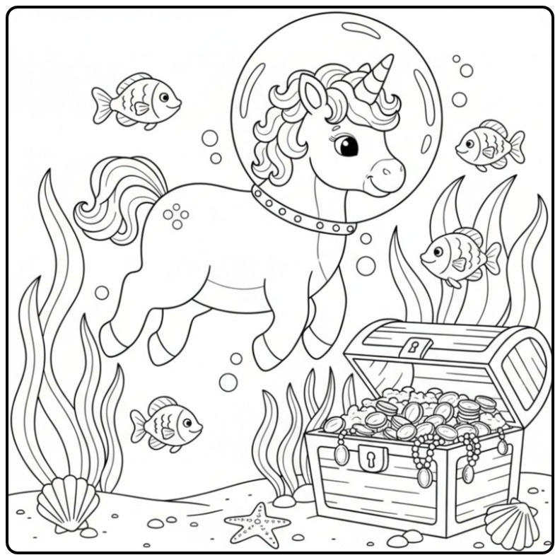 Unicórnio bebê no mar, pronto para unicornio bebe para colorir!
