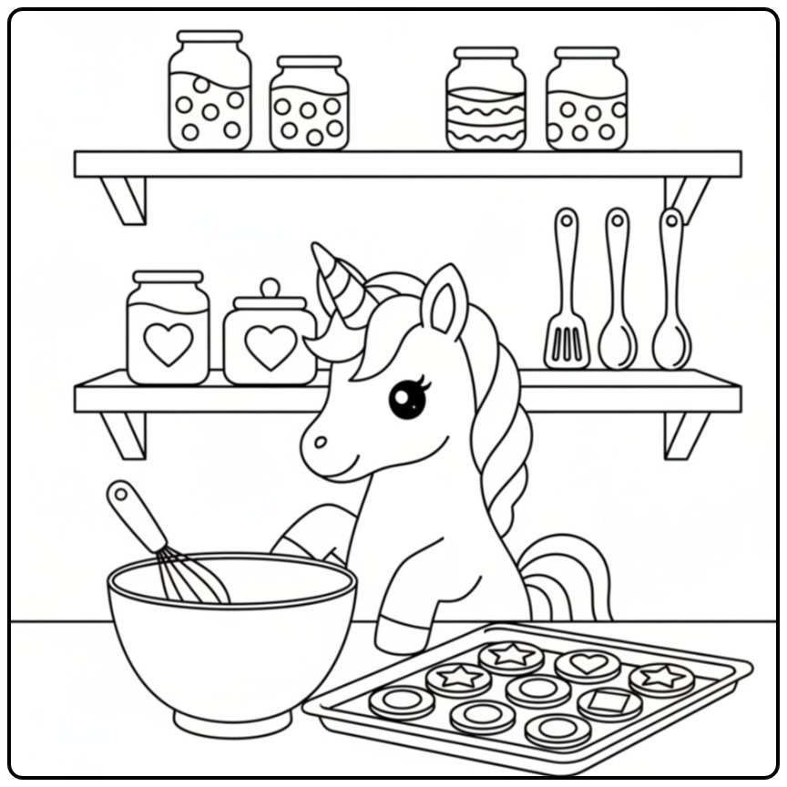 Desenho de unicornio bebe para colorir na cozinha, pura magia!