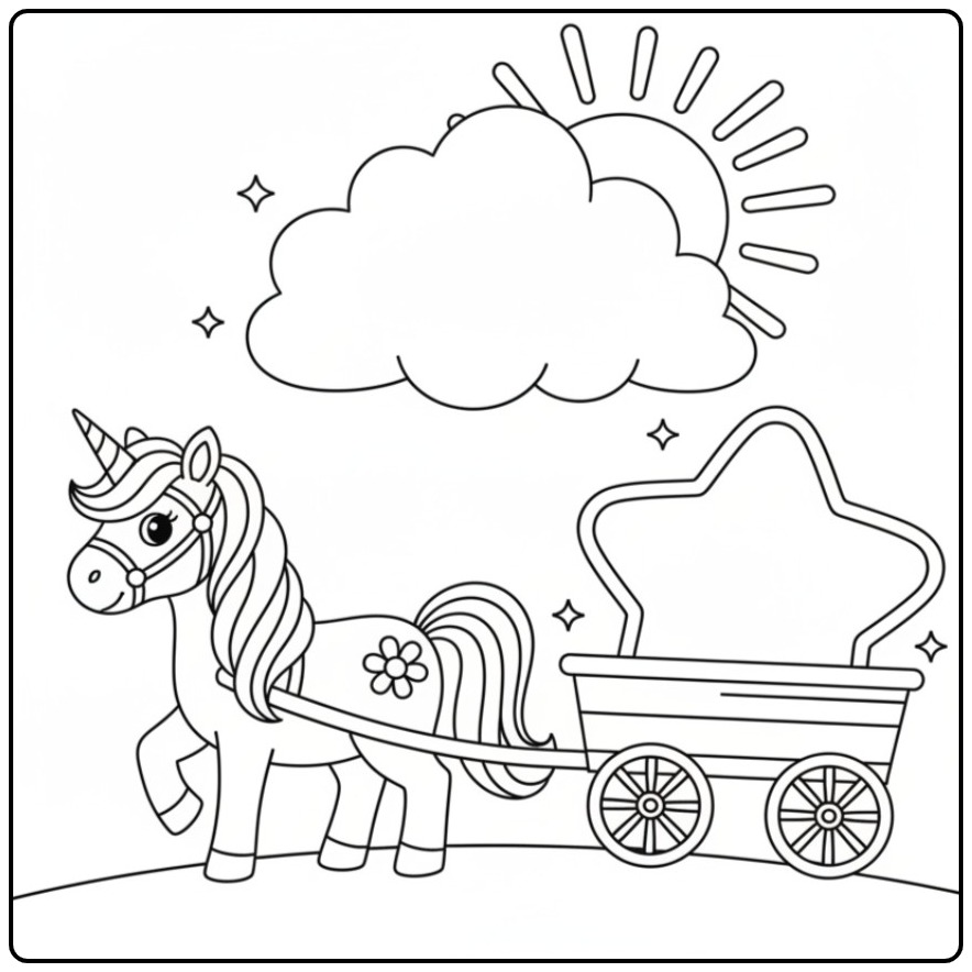 Desenho de um unicornio para colorir puxando um carrinho estelar.