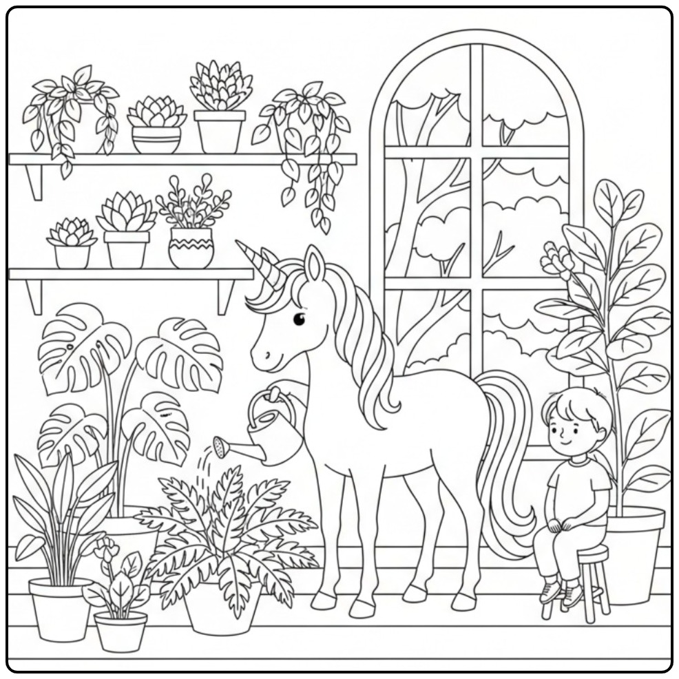 Lindo unicornio para colorir regando plantas em um jardim mágico