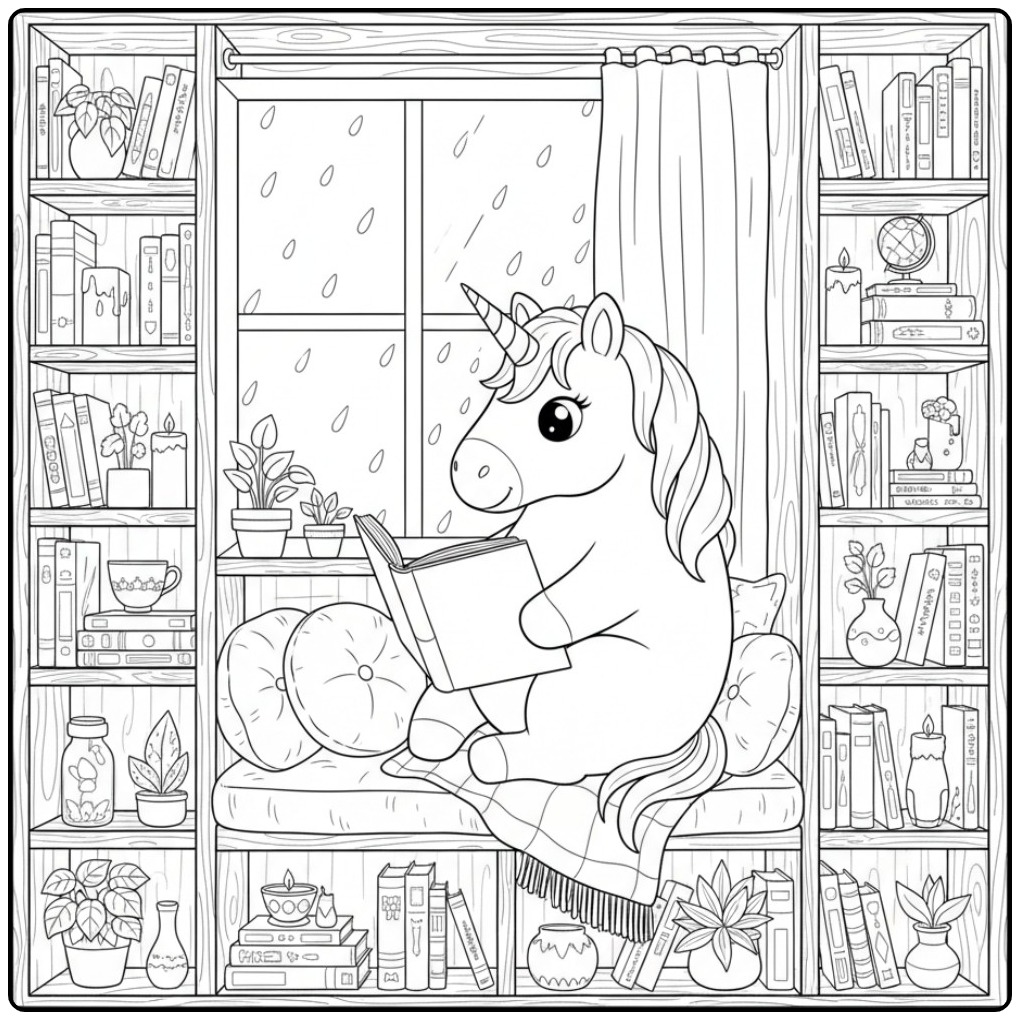 Um unicornio para colorir lendo na janela em dia de chuva.