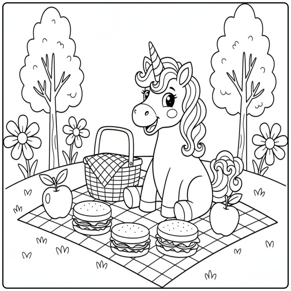 Lindo unicornio para colorir curtindo piquenique na natureza!