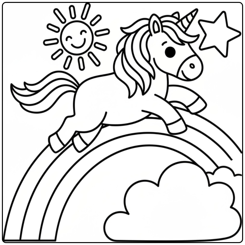 Desenho de unicornio para colorir saltando sobre o arco-íris!