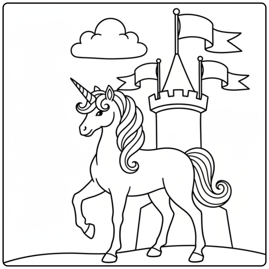 Lindo unicornio para colorir em frente ao castelo mágico!