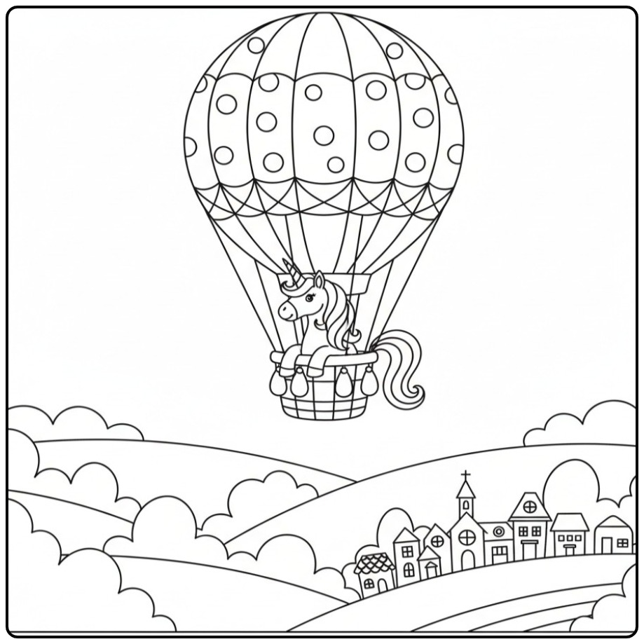 Desenho de unicornio para colorir em balão no céu, aventura mágica.