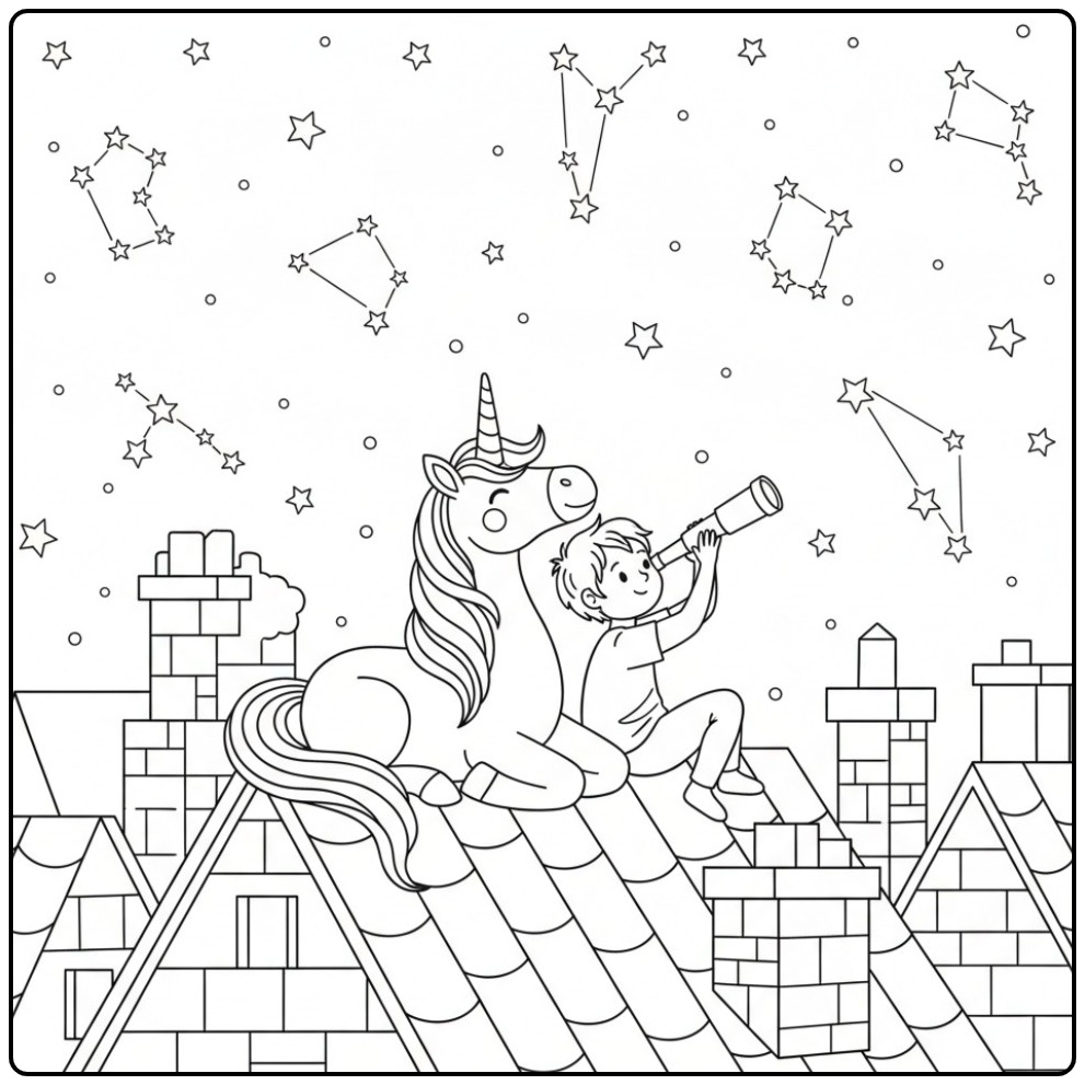 Garoto e unicornio para colorir observam estrelas. Que aventura!