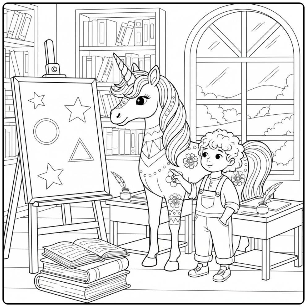 Menino e unicornio para colorir. Pura magia e fantasia infantil!