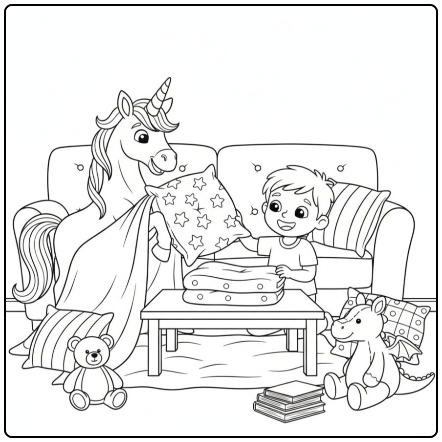 Menino e unicornio para colorir arrumando almofadas. Diversão!