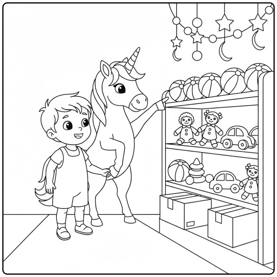 Menino e unicornio para colorir escolhendo brinquedos juntos. Diversão!