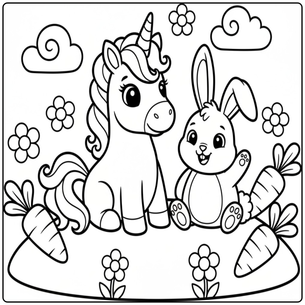 Desenho fofo de coelho unicórnio para colorir com cenouras e flores!