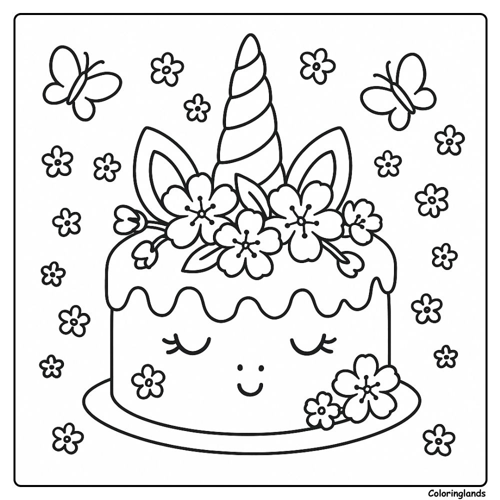 Fofo bolo de unicórnio para colorir, com flores e borboletas.