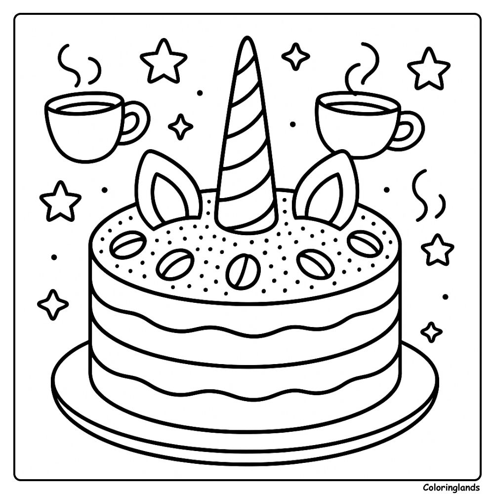 Desenho de bolo de unicórnio para colorir com estrelas e xícaras.